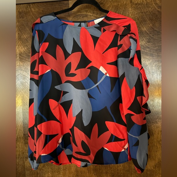 Red and blue long sleeve ruffled blouse from Loft size small - Picture 1 of 3